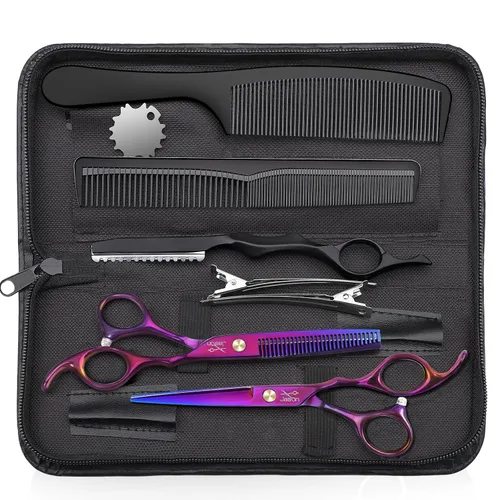 Vista 10 de JASON Kit profesional de tijeras de corte de pelo de 10 piezas, tijeras texturizadoras con 30 dientes, tijeras rectas para peluquería, peluquería