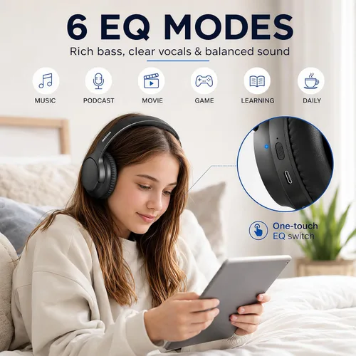 Vista 4 de MIDOLA - Auriculares Bluetooth sobre la oreja, auriculares inalámbricos de 68 horas de reproducción con micrófono, 6 modos de ecualización, graves