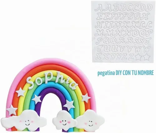 Vista 2 de Decoración de pastel de arcoíris personalizada con nombre para baby shower de cumpleaños de arcoíris