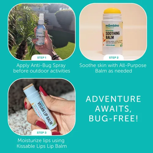 Vista 5 de Mambino Organics Juego para exteriores, spray antiinsectos sin DEET, bálsamo relajante, bálsamo labial vegano, ingredientes orgánicos, sin pruebas