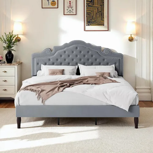 Vista 10 de WEEWAY Base de cama de plataforma de tamaño matrimonial con tiara ajustable de terciopelo, cabecero curvado y alta resistencia, botón tapizado