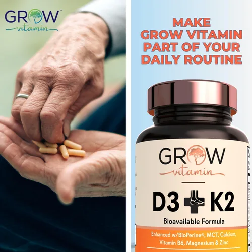 Vista 8 de grow vitamin Aceite D3 K2 con MCT - 10,000 UI D3, 100 mcg K2 MK7, calcio, zinc, bioperina, magnesio para una absorción superior - 60 cápsulas