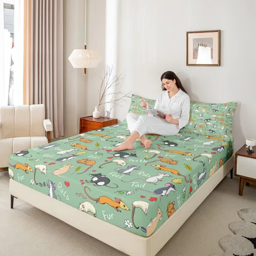 Vista 5 de Erosebridal Juego de sábanas de ratas para niños, tamaño Queen, juego de ropa de cama con diseño de roedores de ratón, divertido diseño de animales