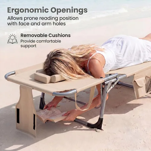 Vista 7 de Goplus Silla bronceadora, silla de playa plegable con agujero para cara y brazo, posición ajustable, almohada extraíble, bolsillo lateral, silla