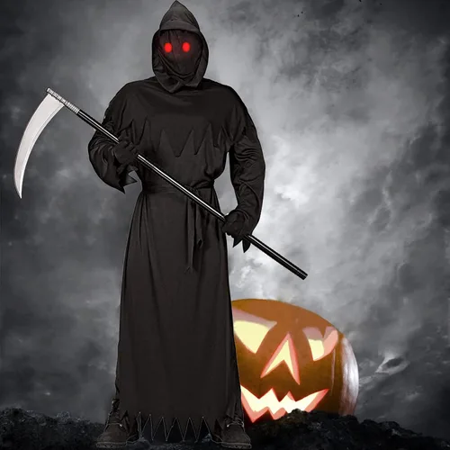 Vista 7 de Disfraz de Grim Reaper con ojos rojos brillantes para niños, incluye guadaña