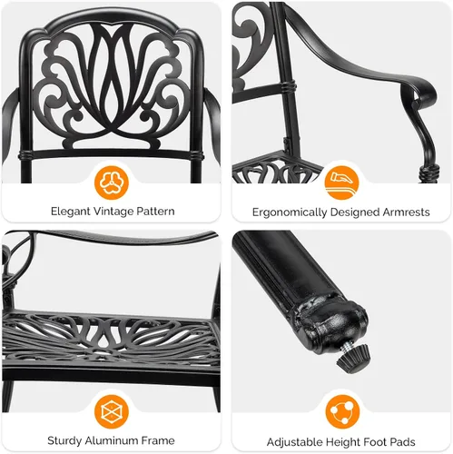 Vista 8 de VINGLI Juego de 2 sillas de patio apilables de aluminio fundido para exteriores con acabado negro vintage y patrón floral, sillones de metal
