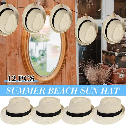 Vista 6 de Hicarer 12 sombreros de paja para mujer, sombrero Derby para hombre, sombrero de ala ancha, sombreros de Panamá de verano para playa, boda, fiesta