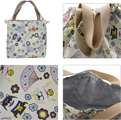 Vista 4 de Mini bolsa de almuerzo reutilizable pequeña linda bolsa de almuerzo con cordón adecuado para niñas, mujeres, perros, beige