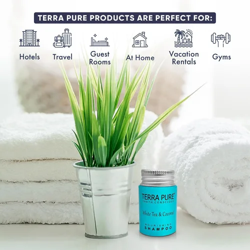 Vista 2 de Terra Pure Champú de hotel de tamaño de viaje, 100 unidades, botellas de 1 oz, amenidades de huéspedes para hoteles, alquileres de vacaciones