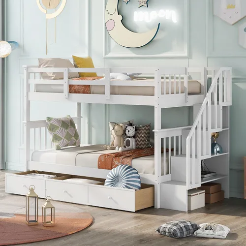 Vista 15 de Harper & Bright Designs Literas de madera de tamaño matrimonial sobre matrimonial, literas de madera con techo y barandilla de protección para Gris