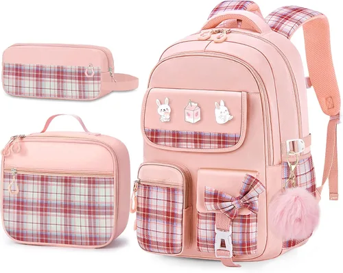Vista 8 de Mochila infantil para niñas - Mochila para niñas para estudiantes de secundaria, Conjunto de mochila rosa