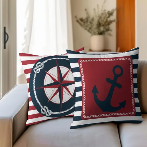 Vista 6 de Fundas de almohada de brújula de ancla, fundas de almohada náuticas para exteriores, fundas de cojín decorativas de rayas azules y blancas, fundas