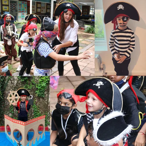 Vista 2 de M&G House Sombreros de pirata de Halloween Caribbean Black Pirate Cap Pirata Accesorios Divertidos Sombrero de Fiesta Disfraz Adulto Niño