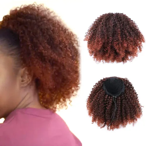 Vista 13 de Extensión de cabello sintético con cordón para coleta afro rizado para mujeres negras, onda corta (#1B, negro naturaleza)