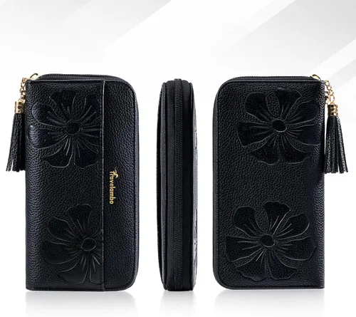 Vista 6 de Travelambo Cartera con borla plegable para mujer, bolso de mano con correa para la muñeca, bolso largo