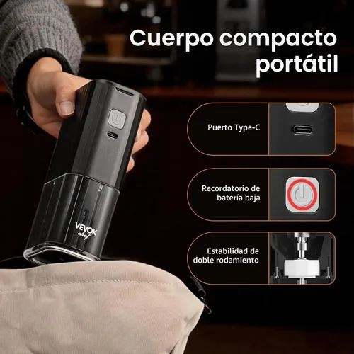 Vista 6 de VEVOK CHEF Molinillo de café eléctrico portátil, molinillo de grano de café cónica ajustable, molinillo de un botón con recargable por USB, parada