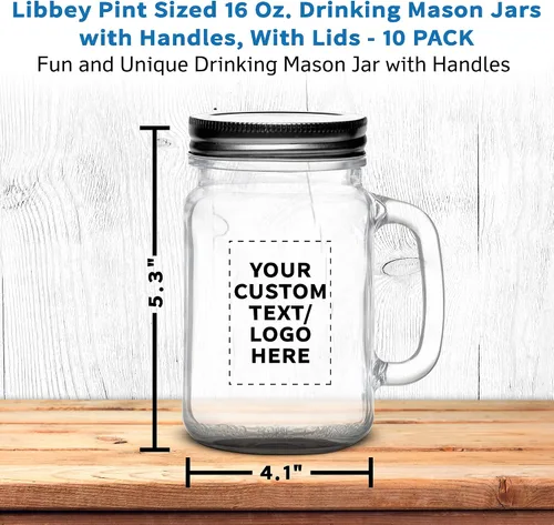 Vista 5 de DISCOUNT PROMOS Tarros de masón con mango Libbey personalizado con tapa de 16 onzas, juego de 10, paquete personalizado a granel