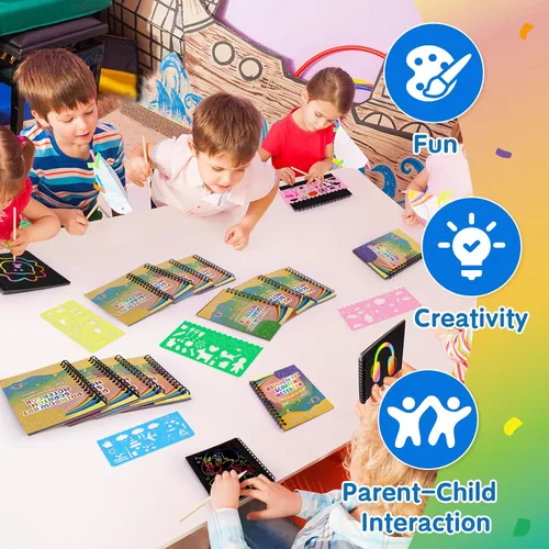 Vista 4 de YSCare Artículos de Fiesta de Arte de Rascar para Niños: 16 Pack Cuaderno de Arte de Rascar Arcoíris, Kit de Manualidades y Artesanías, Bolsas