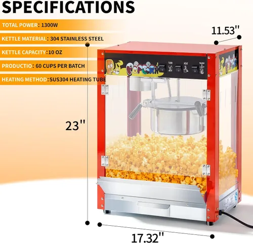 Vista 3 de Máquina para hacer palomitas de maíz, hervidor de 10 onzas, 1300 W de encimera para 60 tazas por lote, máquina de palomitas de maíz estilo cine