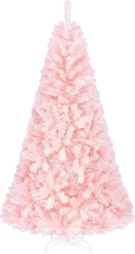 Vista 11 de Goplus Árbol de Navidad artificial preiluminado rosa de 6 pies, árbol de Navidad artificial con bisagras con nieve artificial con 808 puntas