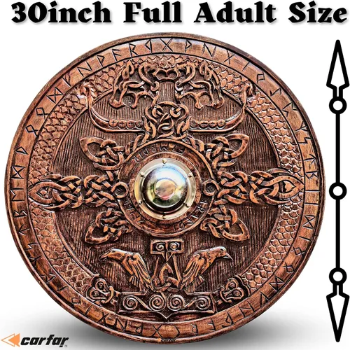 Vista 2 de Escudo de guerrero medieval de la era vikingos tamaño completo para adulto, 30.0 in, hecho a mano, madera natural, tallada, juego de batalla