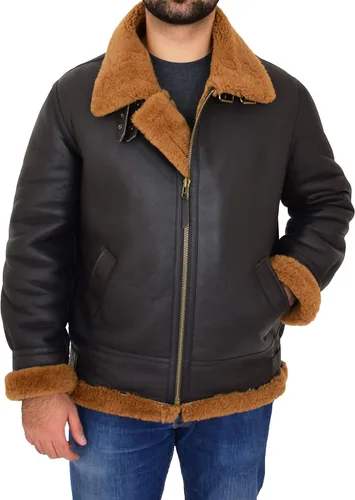 Vista 5 de Chaqueta voladora de piel de oveja real para hombre, con capucha, color marrón, pelirroja, piloto B3, aviador, bombardero Hawker