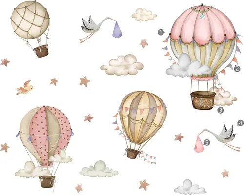 Vista 8 de Globos de aire caliente extraíbles, calcomanías de pared, globos de acuarela, pájaros, estrellas, calcomanías de pared, pintura a mano, globos