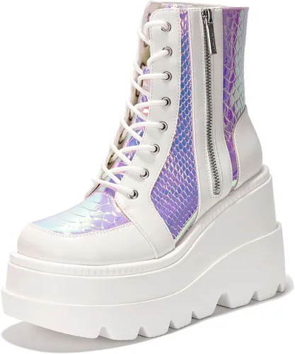 Vista 13 de Cape Robbin Botines de plataforma holográficos para mujeres, tacones gruesos en bloque, punta puntiaguda, cuero PU con correa de hebilla