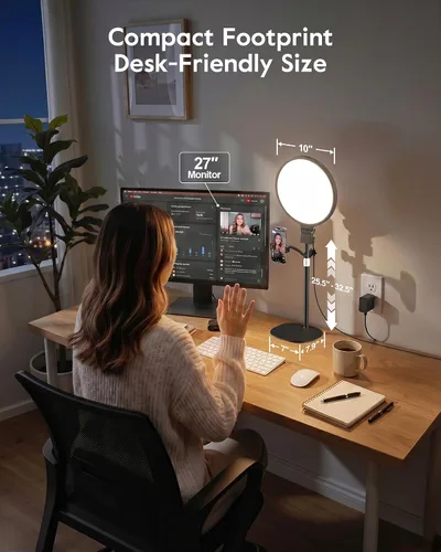 Vista 11 de Anillo de luz de 1300 lúmenes con soporte para escritorio, computadora y laptop, luz de podcast y transmisión con soporte flexible para teléfono