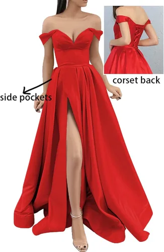 Vista 3 de DFDG Vestido largo de fiesta con hombros descubiertos vestido de fiesta fruncido de satén con abertura formal con bolsillos CM033