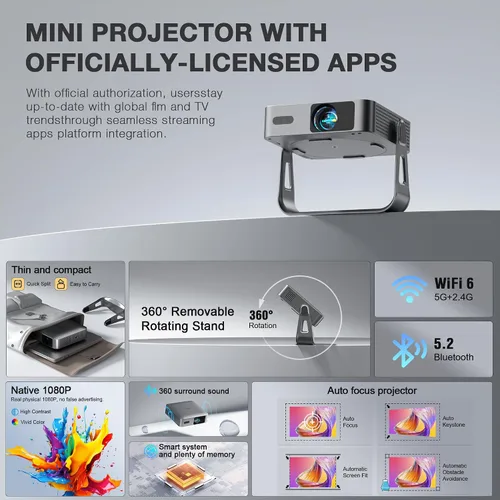 Vista 6 de Aplicación con licencia oficial y 2000 ANSI: Mini proyector inteligente con WiFi y Bluetooth, VISSPL Native 1080P Auto Focus y Keystone Proyector