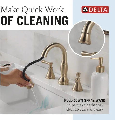 Vista 2 de Delta Faucet Cassidy - Grifo de baño extraíble hacia abajo, grifo de baño extraíble hacia afuera, grifo de baño dorado de instalación extendida de 3