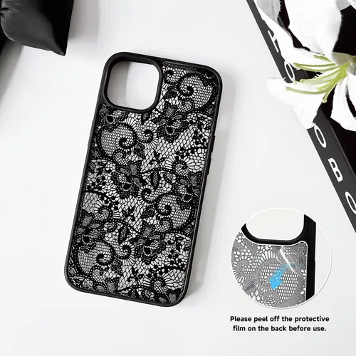 Vista 2 de NITITOP Para iPhone 14 Plus/15 Plus Funda Transparente Encaje Flor - Negro