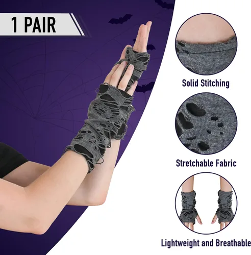 Vista 5 de Skeleteen Calentadores de brazos rasgados punk, guantes de punto sin dedos, de manga larga, accesorios góticos para hombres y mujeres, Gris