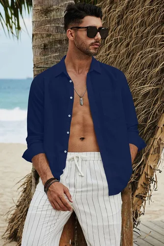 Vista 5 de JMIERR Camisa de vestir de manga larga con botones y lino de algodón para hombre