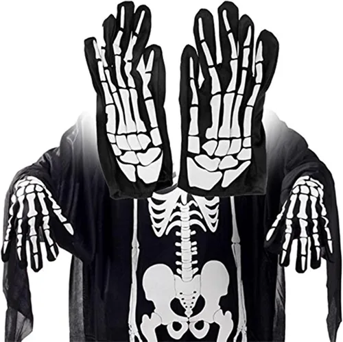 Vista 4 de Guantes de esqueleto y máscara de calavera, pasamontañas de calavera fantasma, máscara de cara completa para dedos completos