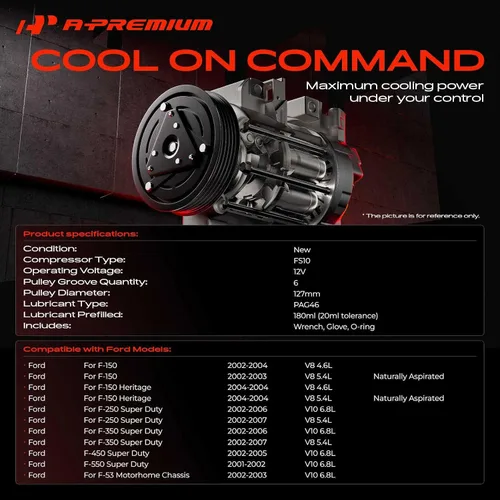 Vista 2 de A-Premium Compresor de aire acondicionado con embrague compatible con Ford F-150 2002-2004, F-150 Heritage, F-250 F-350 Super Duty 2002-2007, F-450