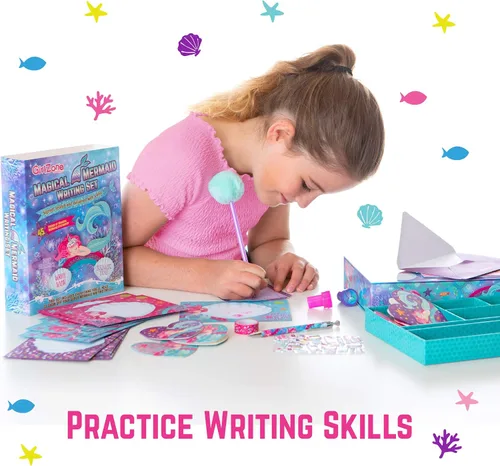 Vista 2 de GirlZone Juego de papelería de sirena, 45 piezas, papel blanco, juego de escritura de sirena y kit de escritura de letras para niños
