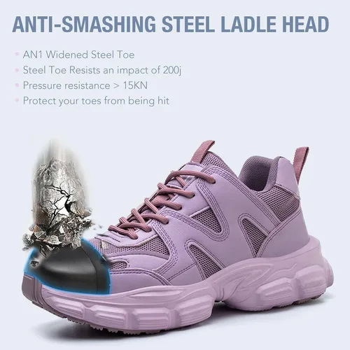 Vista 4 de Zapatos de seguridad para mujer y hombre, con puntera de acero, ligeros, transpirables, morados, negros, zapatos de trabajo, zapatos industriales