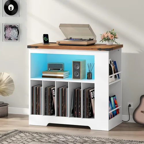 Vista 5 de HOOBRO WH80UDRS01 - Soporte para tocadiscos, soporte para tocadiscos con estación de carga y almacenamiento de discos, mesa para tocadiscos