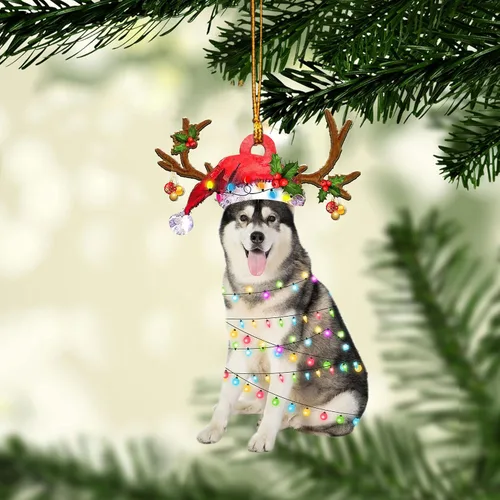 Vista 19 de Talataca Adorno de Navidad Plano 2D de Husky, Cajas de Regalo de Husky, Decoración de Árbol de Pino, Adorno Colgante de Casa para la Víspera