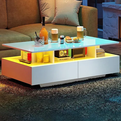 Vista 7 de YITAHOME Mesas de Centro LED para Sala de Estar, Mesa de Centro de Alto Brillo con Almacenamiento de 4 Cajones Deslizantes, Mesa de Centro LED