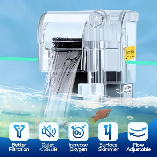 Vista 2 de LAQUAL Filtro de acuario de 5 galones con desnatador de superficie, pequeño filtro silencioso para peces, filtración de algodón bioquímico y flujo