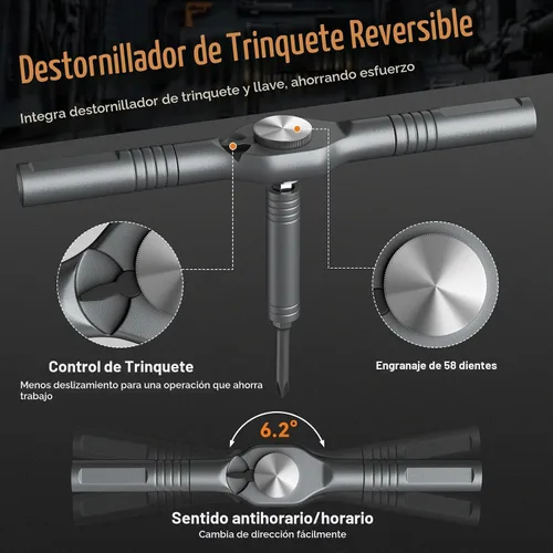 Vista 6 de Juego de destornilladores de trinquete 43 en 1 con mango desmontable, cabezal de trinquete de 6.2°, combinación sin puntas de acero Multi S2, kit