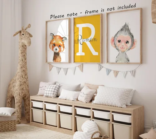 Vista 5 de Juego de 3 carteles personalizados de animales de safari para habitación de niños y niñas, sin marco, nombre personalizado, azul, verde, amarillo