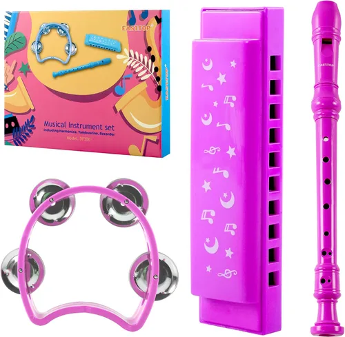 Vista 9 de EAST TOP Juego de 3 instrumentos musicales de grabadora que incluye armónica, flauta, pandereta para niños, estudiantes que juegan como regalo Azul