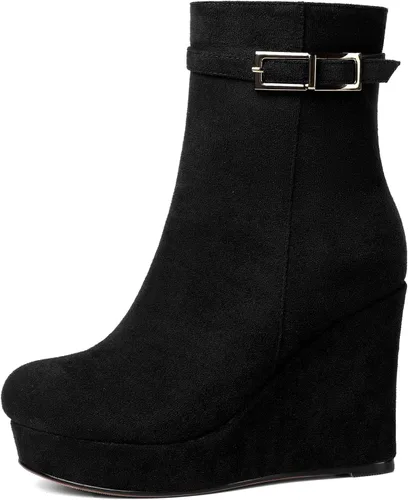 Vista 2 de MERRORI Bukle - Botas altas de tacón alto para mujer, puntera redonda, plataforma de gamuza sólida, de 4 pulgadas