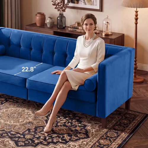 Vista 4 de Sofá de terciopelo de 78 pulgadas, sofá de 3 plazas con almohadas de refuerzo, diseño copetudo con botones Azul