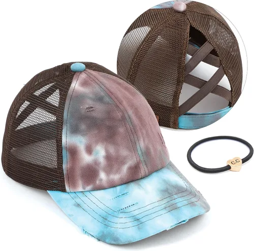 Vista 36 de C.C Gorra de béisbol de malla con diseño de estrella brillante, gorra de camionero ajustable para moño o cola de caballo Una banda elástica-negro