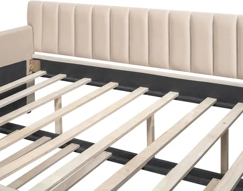 Vista 7 de Sofá cama tapizado de tamaño completo con nido y soporte de listones de madera, elegante sofá cama para sala de estar y dormitorio
